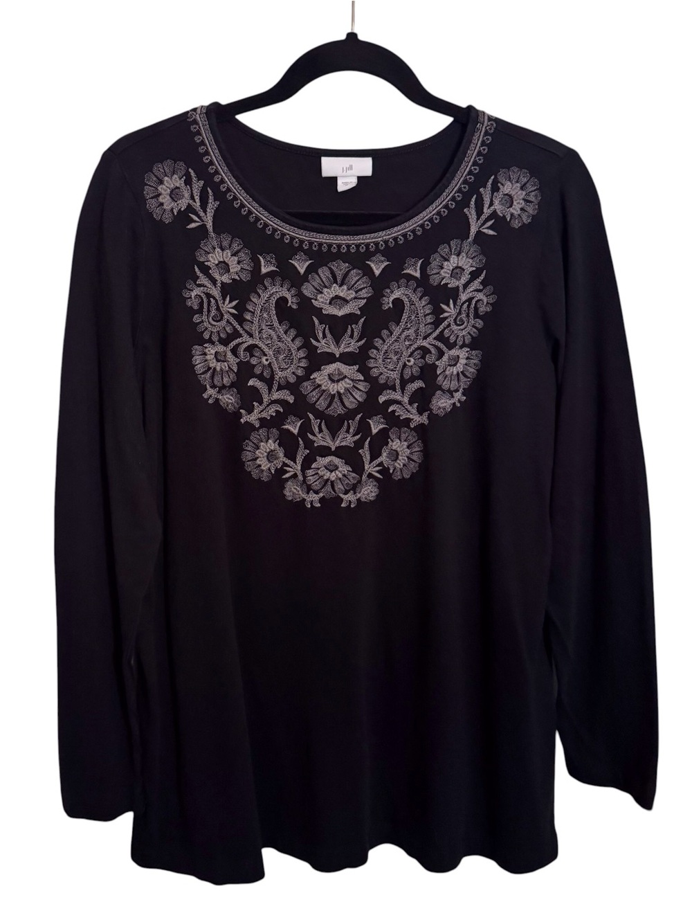 J. Jill Medium Black Floral Embroidered Crew Neck Top Stretch Boho Long Sleeve